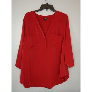Torrid Harper Blouse Womens 3X Red Split Neck Roll Tab Sleeve High Low Hem